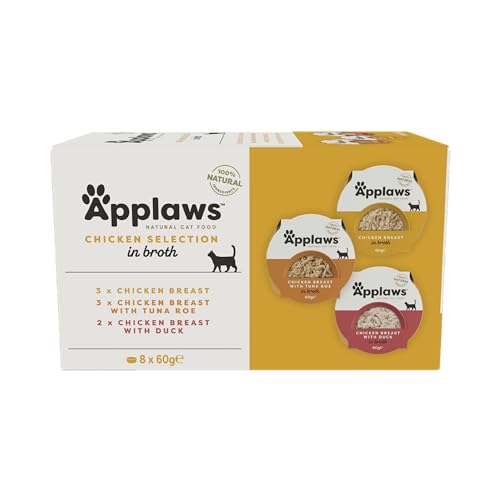 Applaws 100% Natural Wet Cat Food Pot, Multipack Chicken Selection in Broth for Adult Cats - Pack of 8 x 60g Pots