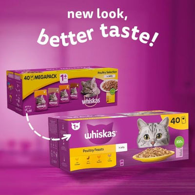 WHISKAS - 1+ Adult Wet Cat Food Pouches - 40 x 85 g - Poultry Selection - Bulk Cat Food Megapack - 40 Jelly Pouches