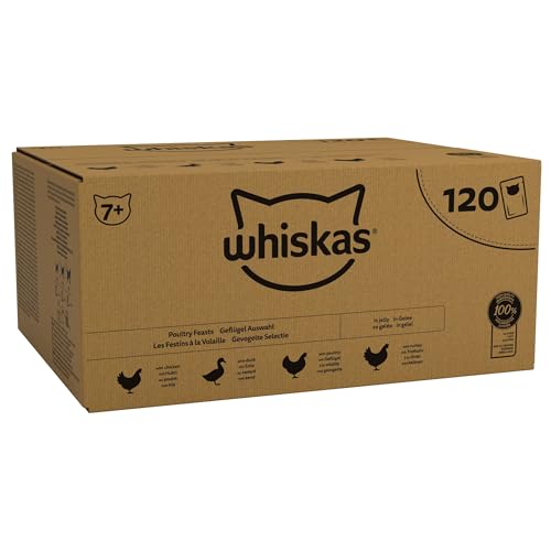 WHISKAS - 7+ أكياس طعام رطب للقطط الكبيرة - 120 × 85 جم - في هلام - عبوة طعام قطط كبيرة - 120 كيسًا