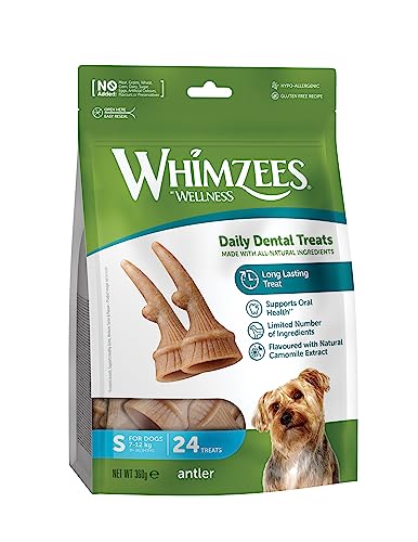 WHIMZEES Antler، علاج الأسنان المهيمن ذو التأثيرات المهدئة للكلاب الصغيرة (7-12 كجم)، طبيعي بالكامل، خالٍ من الحبوب، 24 قطعة