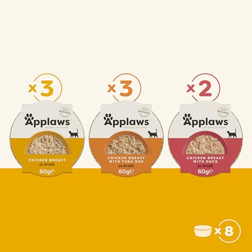 Applaws 100% Natural Wet Cat Food Pot, Multipack Chicken Selection in Broth for Adult Cats - Pack of 8 x 60g Pots