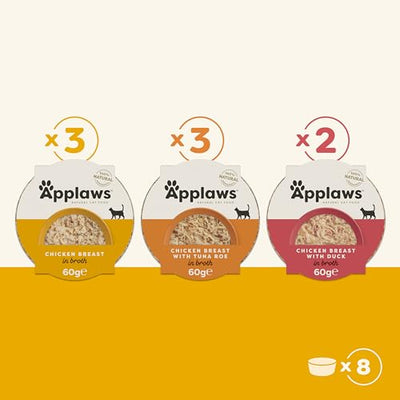 Applaws 100% Natural Wet Cat Food Pot, Multipack Chicken Selection in Broth for Adult Cats - Pack of 8 x 60g Pots