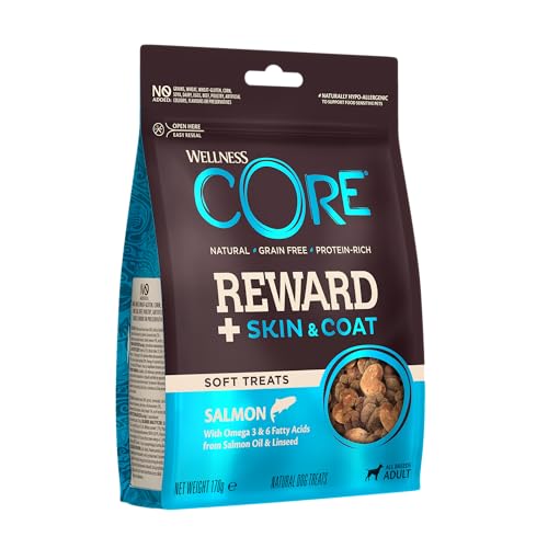 Wellness CORE Reward+ Skin &amp; Coat، 170 جرام، سمك السلمون، مكافآت ناعمة للكلاب لجميع سلالات الكلاب، طبيعية بالكامل، خالية من الحبوب، تحتوي على نسبة عالية من اللحوم، غنية بالبروتين، تدعم صحة الجلد والفراء