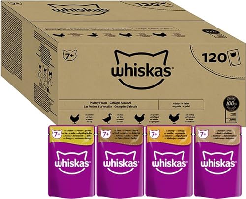 WHISKAS - 7+ أكياس طعام رطب للقطط الكبيرة - 120 × 85 جم - في هلام - عبوة طعام قطط كبيرة - 120 كيسًا