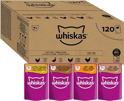 WHISKAS - 7+ أكياس طعام رطب للقطط الكبيرة - 120 × 85 جم - في هلام - عبوة طعام قطط كبيرة - 120 كيسًا