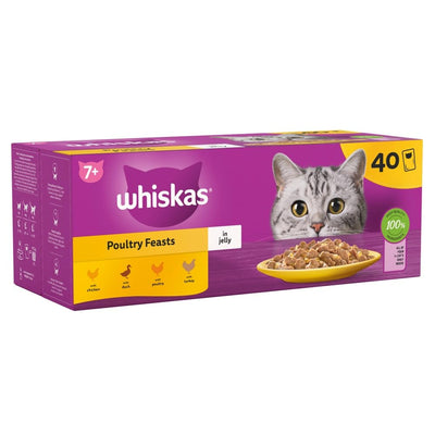 WHISKAS - 7+- أكياس طعام القطط الرطبة المسنة - 40 × 85 جم - دواجن في هلام - عبوة طعام قطط كبيرة - 40 كيسًا