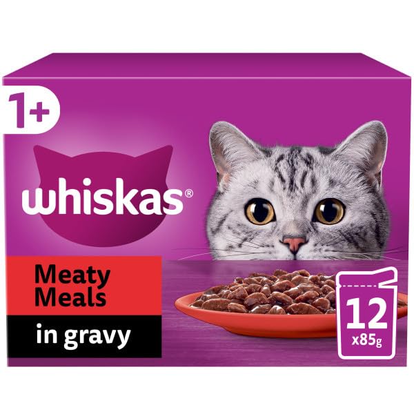 1+ Cat Pouches Meaty Meals in Gravy 4 x 12 x 85g Packs - Wet Food for Cats, Whiskas Gravy and Cat Meat Pouches in Gravy