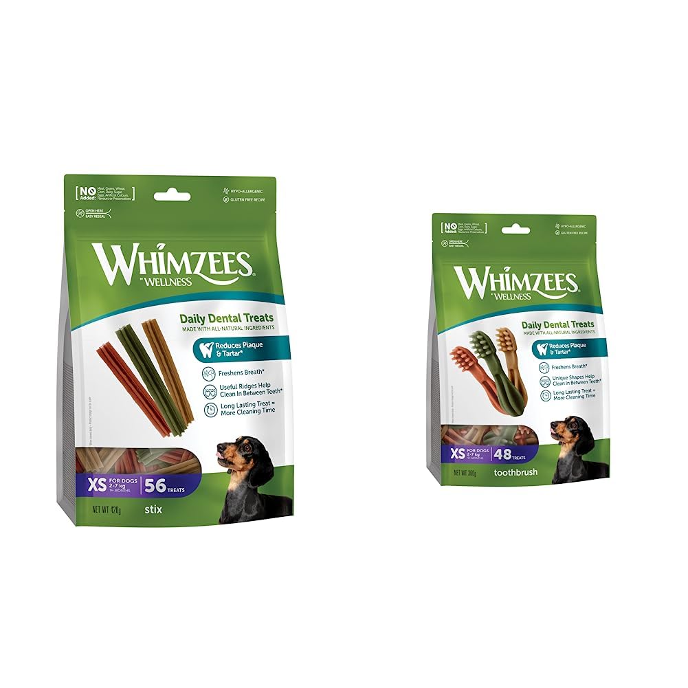 WHIMZEES By Wellness Stix، أعواد مضغ طبيعية وخالية من الحبوب للكلاب، أعواد تنظيف أسنان للكلاب للسلالات الصغيرة جدًا، 56 قطعة، مقاس XS وفرشاة أسنان Wellness، أعواد مضغ طبيعية وخالية من الحبوب للكلاب، 48 قطعة، مقاس XS