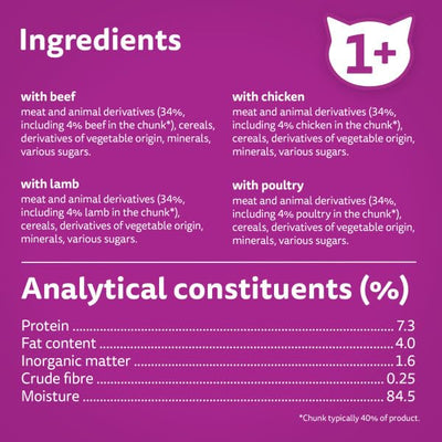 1+ Cat Pouches Meaty Meals in Gravy 4 x 12 x 85g Packs - Wet Food for Cats, Whiskas Gravy and Cat Meat Pouches in Gravy