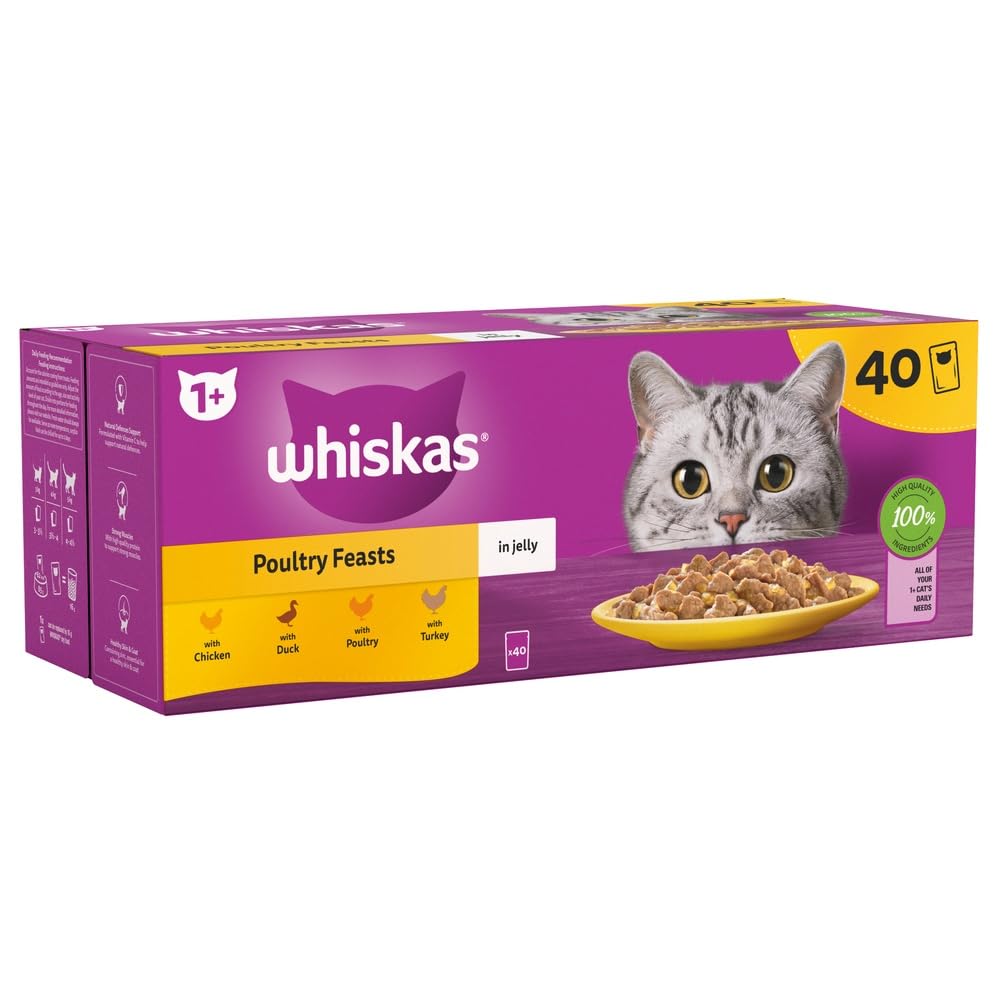 WHISKAS - 1+ Adult Wet Cat Food Pouches - 40 x 85 g - Poultry Selection - Bulk Cat Food Megapack - 40 Jelly Pouches