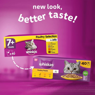 WHISKAS - 7+- أكياس طعام القطط الرطبة المسنة - 40 × 85 جم - دواجن في هلام - عبوة طعام قطط كبيرة - 40 كيسًا