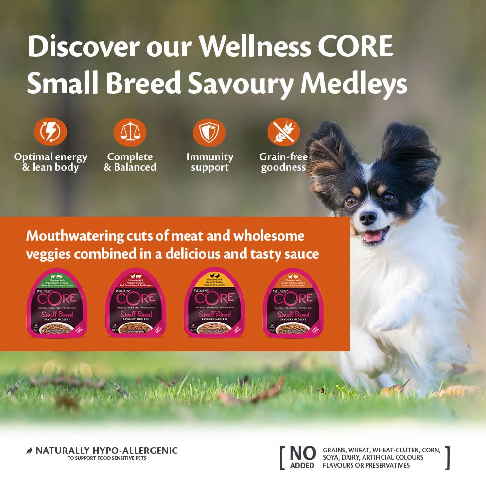 Wellness CORE Small Breed Savoury Medleys، طعام كلاب رطب للكلاب الصغيرة، طعام كلاب رطب للسلالات الصغيرة، خالٍ من الحبوب، يحتوي على نسبة عالية من اللحوم، مزيج Farmer Selection، 85 جرامًا (عبوة من 6 قطع)