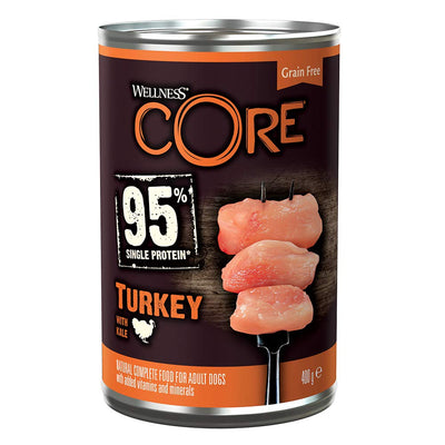 Wellness CORE 95 Percent Turkey &amp; Kale، 6 عبوات 400 جرام، طعام كلاب مبلل لجميع سلالات الكلاب، باتيه سميك، خالٍ من الحبوب، نسبة عالية من اللحوم، غني بالبروتين، وصفة محدودة المكونات