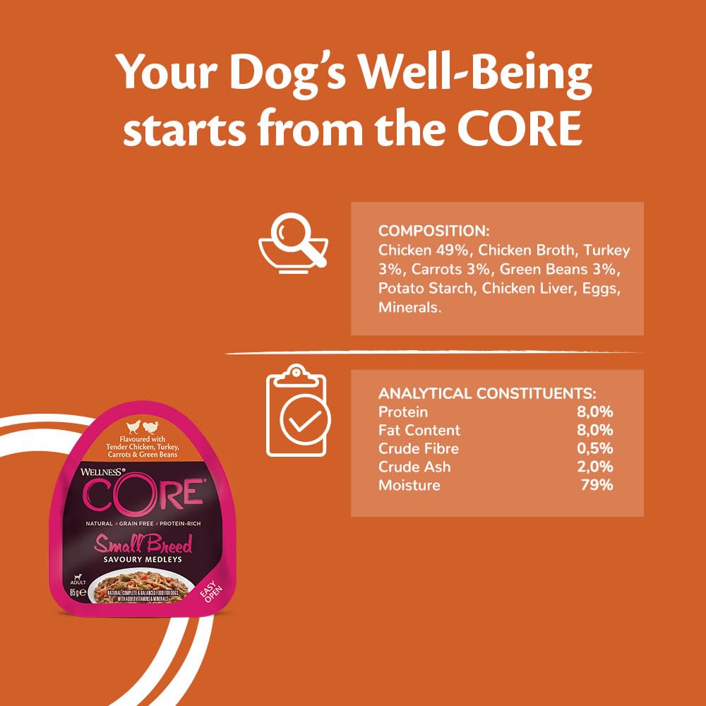 Wellness CORE Small Breed Savoury Medleys، طعام كلاب رطب للكلاب الصغيرة، طعام كلاب رطب للسلالات الصغيرة، خالٍ من الحبوب، يحتوي على نسبة عالية من اللحوم، مزيج Farmer Selection، 85 جرامًا (عبوة من 6 قطع)