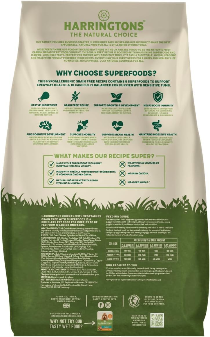 Harringtons Superfoods Puppy Complete Grain Free Hypoallergenic Chicken with Veg Dry Dog Food 10kg - Made with All Natural Ingredients