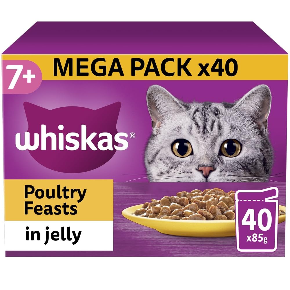 WHISKAS - 7+- أكياس طعام القطط الرطبة المسنة - 40 × 85 جم - دواجن في هلام - عبوة طعام قطط كبيرة - 40 كيسًا