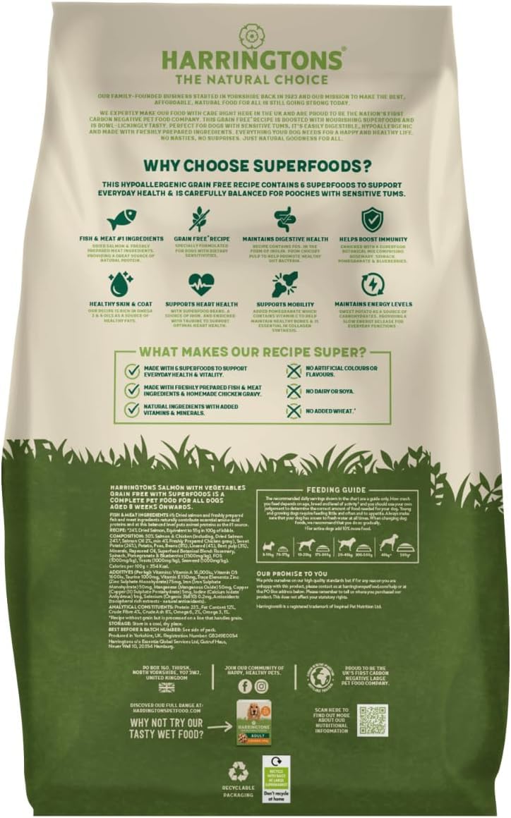 Harringtons Superfoods Complete Grain Free Hypoallergenic Salmon with Veg Dry Adult Dog Food 12kg - Made with All Natural Ingredients