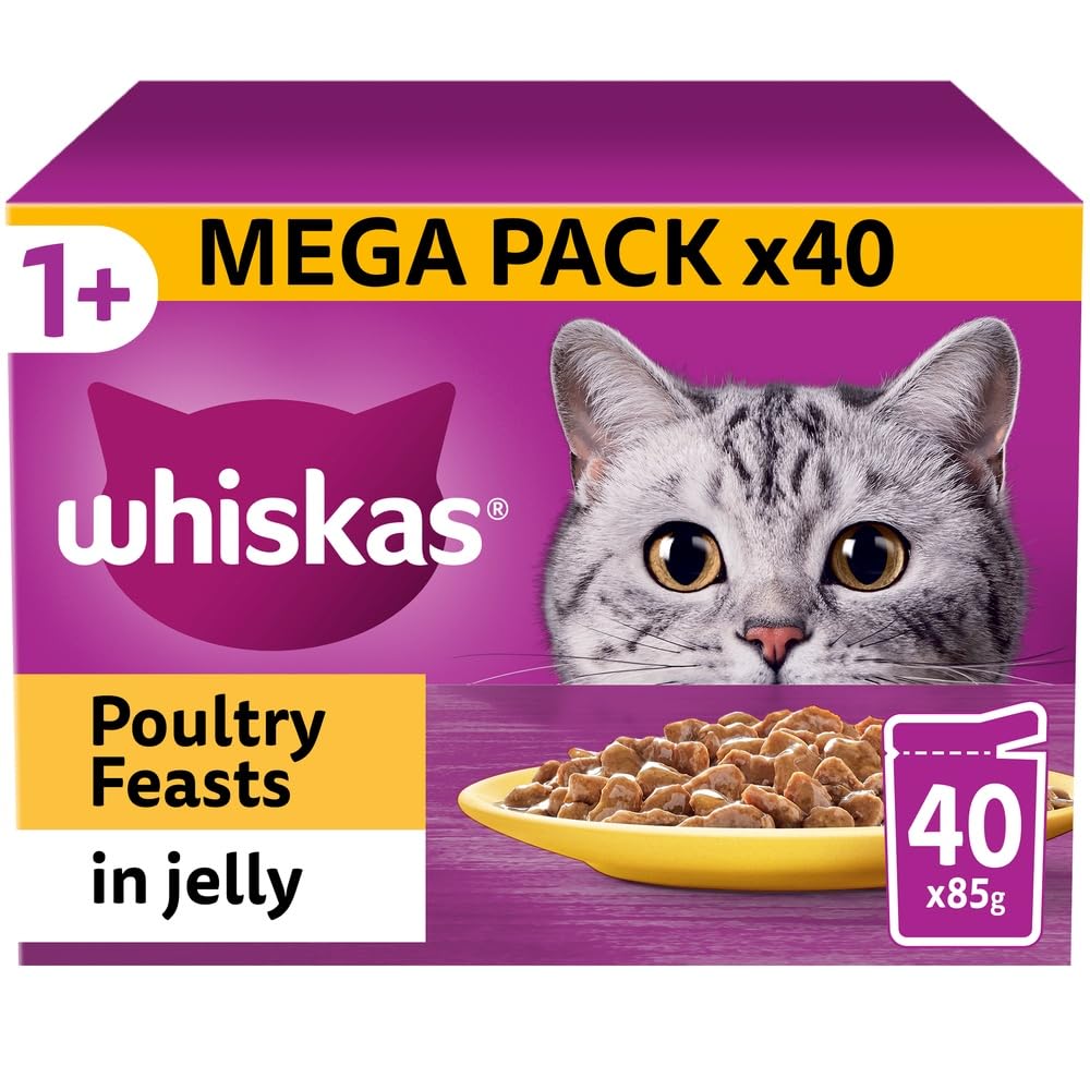 WHISKAS - 1+ Adult Wet Cat Food Pouches - 40 x 85 g - Poultry Selection - Bulk Cat Food Megapack - 40 Jelly Pouches