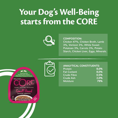 Wellness CORE Small Breed Savoury Medleys، طعام كلاب رطب للكلاب الصغيرة، طعام كلاب رطب للسلالات الصغيرة، خالٍ من الحبوب، يحتوي على نسبة عالية من اللحوم، مزيج Farmer Selection، 85 جرامًا (عبوة من 6 قطع)