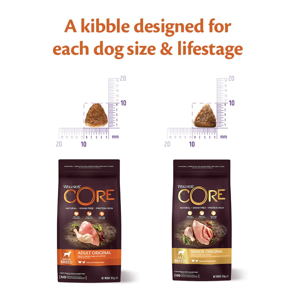 Wellness CORE Adult Original, 10kg, Chicken & Turkey, Dry Dog Food for Medium Breed Dogs, All-Natural, Grain-Free, High Meat Content, Protein-Rich, No Added Sugar