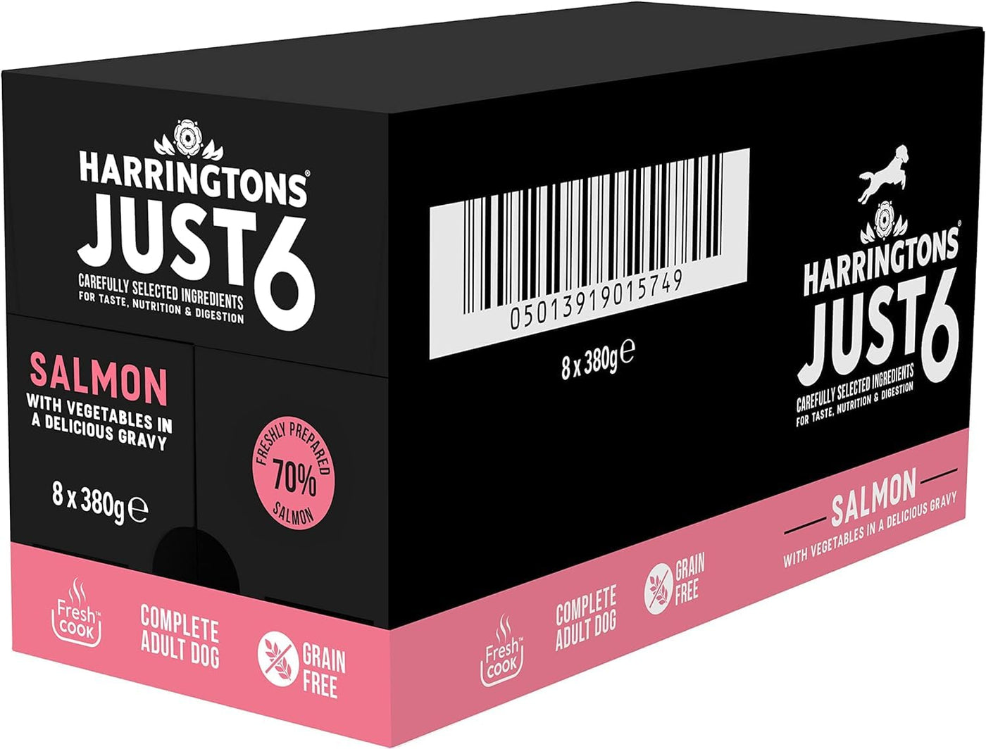 Harringtons Just 6 Complete Grain Free Hypoallergenic Salmon & Veg Wet Adult Dog Food 380g (Pack of 8) - In A Tasty Gravy