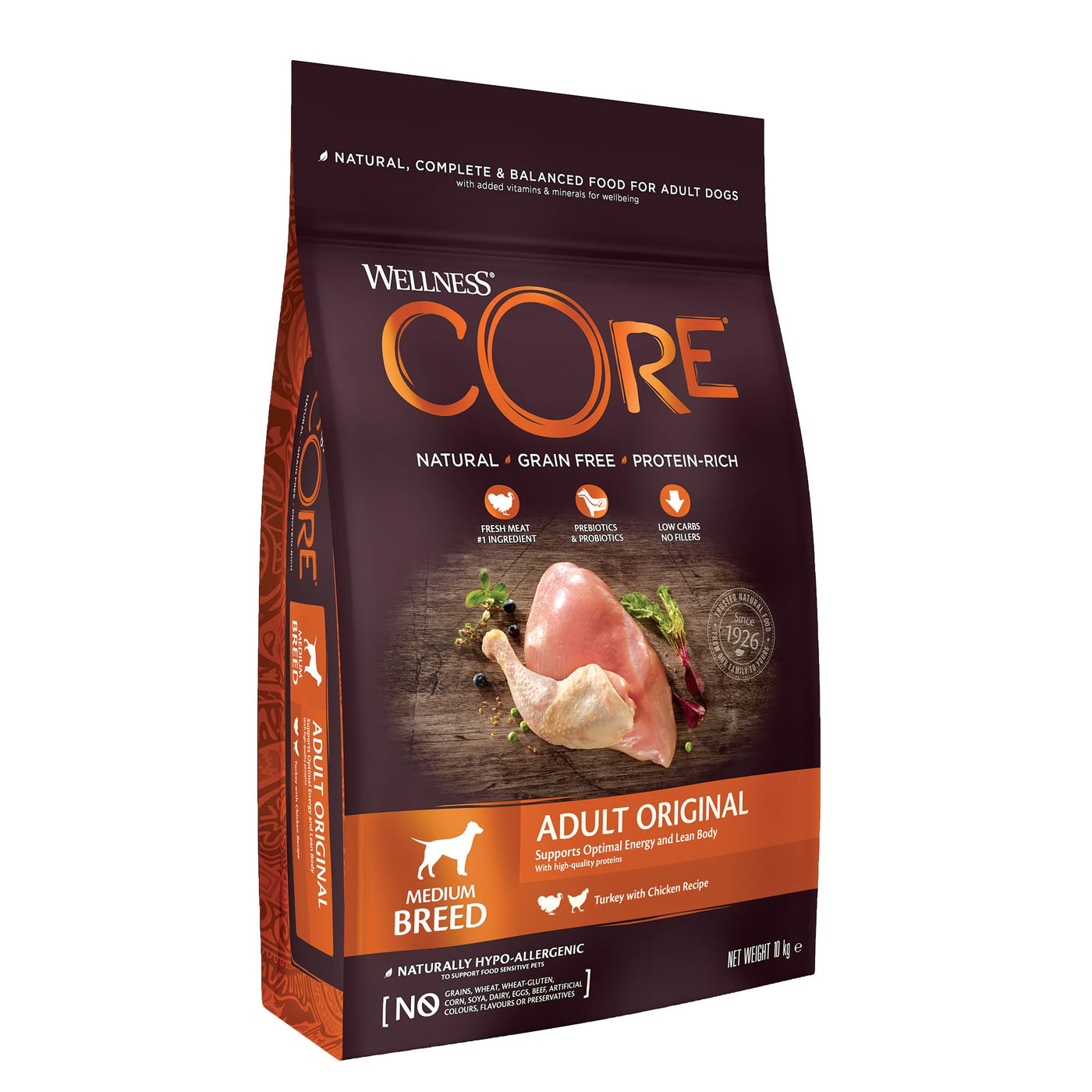 Wellness CORE Adult Original، 10 كجم، دجاج وديك رومي، طعام جاف للكلاب من السلالات المتوسطة، طبيعي بالكامل، خالٍ من الحبوب، يحتوي على نسبة عالية من اللحوم، غني بالبروتين، بدون سكر مضاف