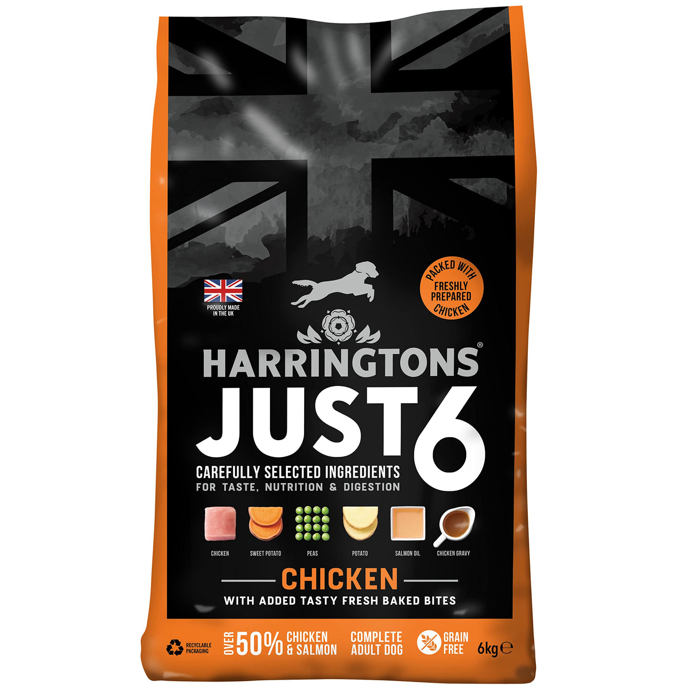 طعام الكلاب البالغة الجاف من Harringtons Just 6 Complete Grain Free Hypoallergenic Chicken &amp; Veg 6kg - مع إضافة قطع مخبوزة طازجة