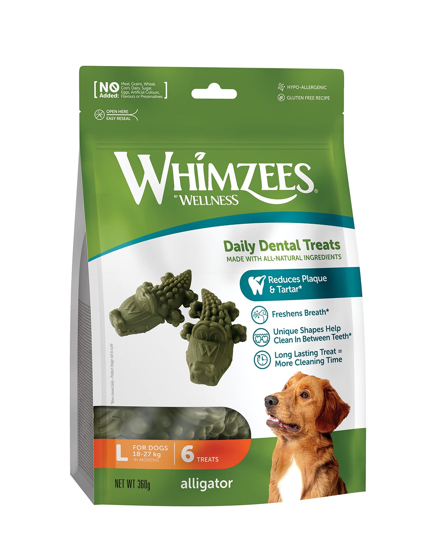 WHIMZEES By Wellness Alligator, Dog Dental Sticks, 6 Pieces, Size L, Dog Chews for Large Breeds, Natural, Grain-Free, Rawhide-Free, Vegetarian, No Added Sugar