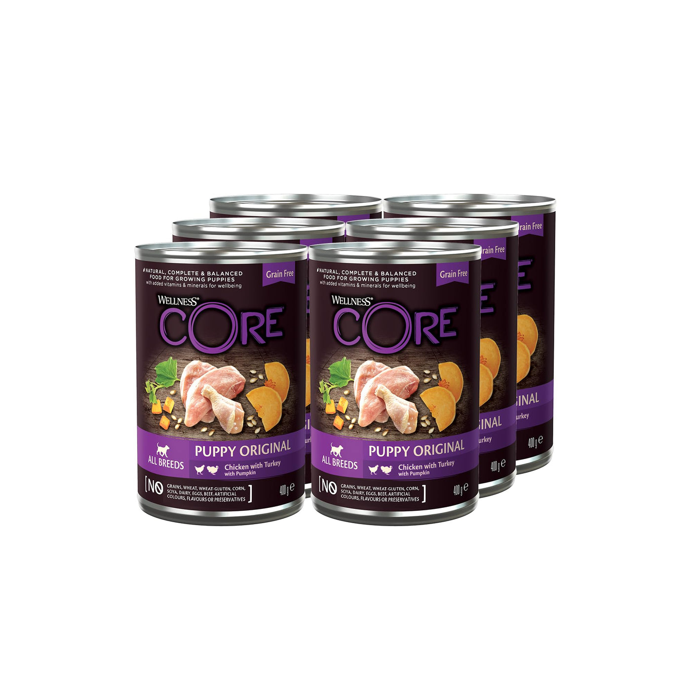 Wellness CORE Puppy Original, 6 x 400g, Chicken & Turkey, Puppy Food Wet for All Breed Puppies, Chunky Paté, Grain-Free, High Meat Content, Protein-Rich, Supports Brain & Eye Development