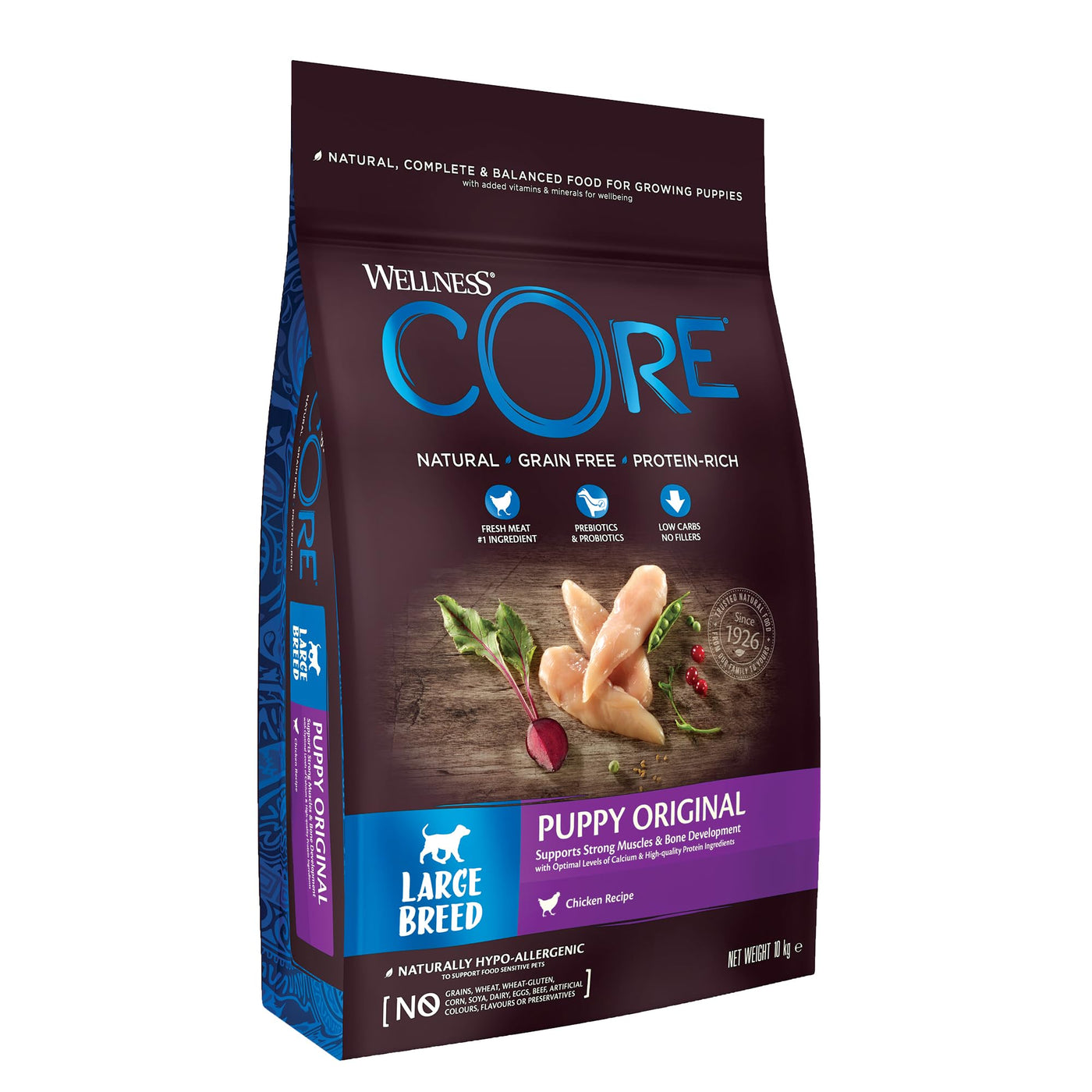 طعام الجراء الأصلي Wellness CORE Large Breed Puppy، 10 كجم، دجاج، جاف للجراء من السلالات الصغيرة والمتوسطة، طبيعي بالكامل، خالٍ من الحبوب، يحتوي على نسبة عالية من اللحوم، بدون سكر مضاف