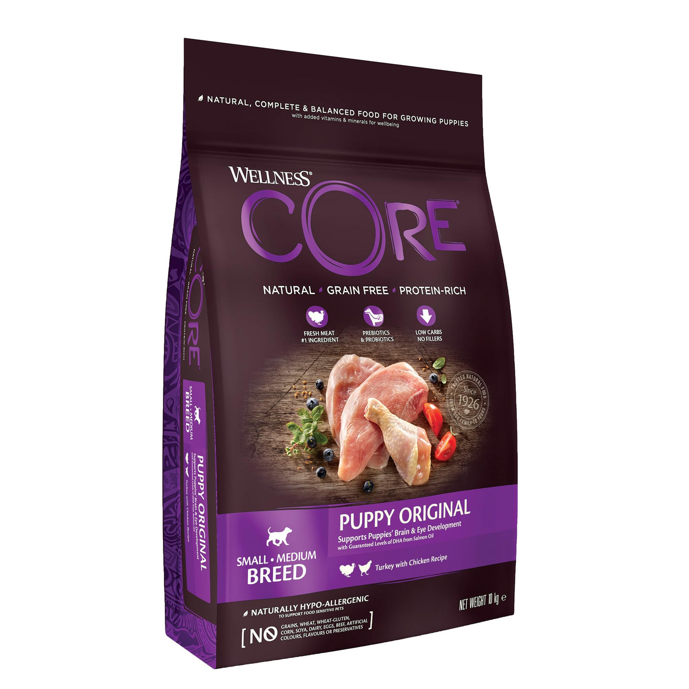 Wellness CORE Puppy Original، 10 كجم، ديك رومي ودجاج، طعام جراء جاف للجراء من السلالات الصغيرة والمتوسطة، طبيعي بالكامل، خالٍ من الحبوب، يحتوي على نسبة عالية من اللحوم، بدون سكر مضاف