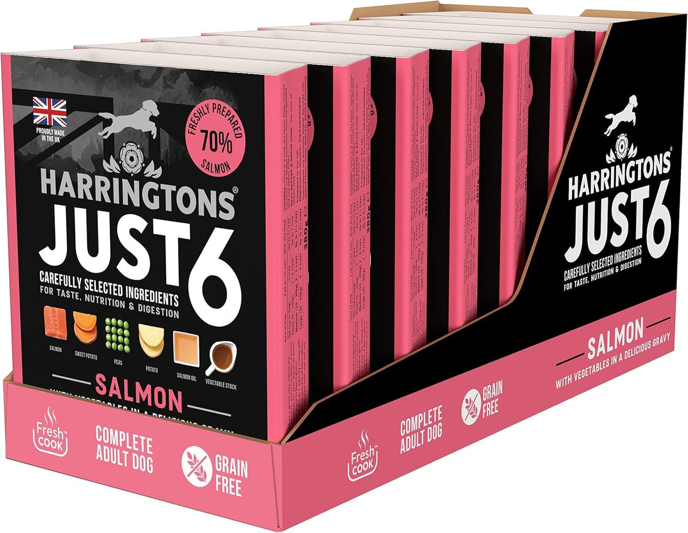 Harringtons Just 6 Complete Grain Free Hypoallergenic Salmon & Veg Wet Adult Dog Food 380g (Pack of 8) - In A Tasty Gravy