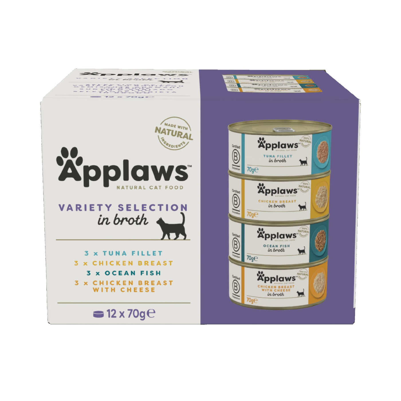 Applaws Natural Wet Cat Food, Multipack Chicken and Fish Selection in Broth 70 g Tin (Pack of 12)