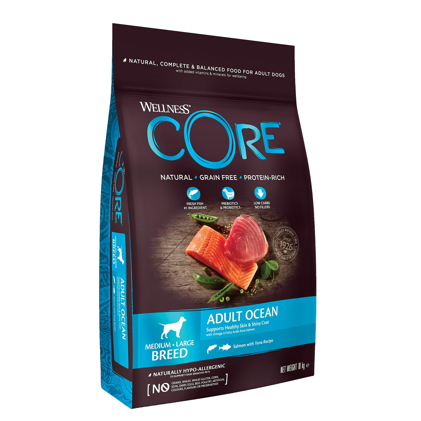 Wellness CORE Adult Ocean، 10 كجم، سمك السلمون والتونة، طعام جاف للكلاب من السلالات المتوسطة إلى الكبيرة، خالٍ من الحبوب، يحتوي على نسبة عالية من الأسماك، غني بالبروتين، يدعم صحة الجلد والفراء اللامع