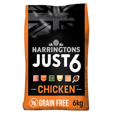 طعام الكلاب البالغة الجاف من Harringtons Just 6 Complete Grain Free Hypoallergenic Chicken &amp; Veg 6kg - مع إضافة قطع مخبوزة طازجة