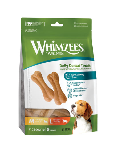 WHIMZEES By Wellness Rice Bone، أعواد أسنان للكلاب، 9 قطع، مقاس M/L، علكات للكلاب من السلالات المتوسطة إلى الكبيرة، طبيعية، خالية من الجلوتين، خالية من الجلود الخام، نباتية