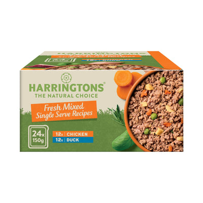 طعام الكلاب البالغة من Harringtons Complete Wet Tray الخالي من الحبوب والمضاد للحساسية، عبوة مختلطة 24 × 150 جم - دجاج وبط - مصنوع من مكونات طبيعية بالكامل