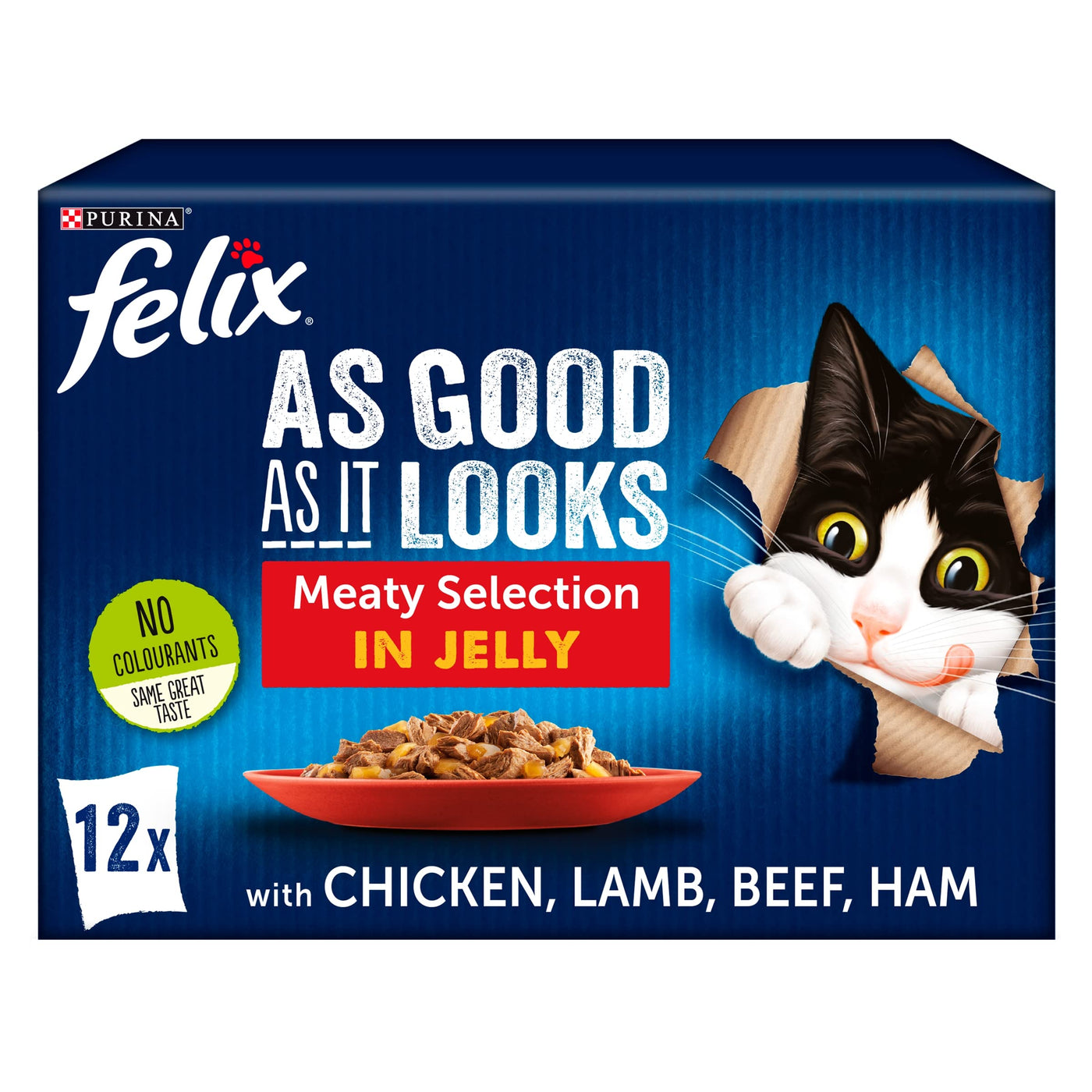 FELIX AS GOOD AS IT LOOKS Meaty Selection in Jelly with beef, with chicken, with lamb, with ham Wet Cat Food Pouch 12x100g, Pack of 4