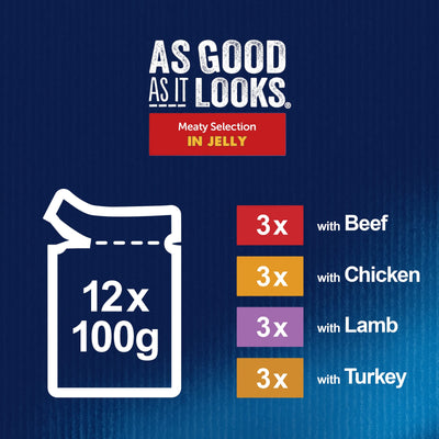 FELIX AS GOOD AS IT LOOKS Meaty Selection in Jelly with beef, with chicken, with lamb, with ham Wet Cat Food Pouch 12x100g, Pack of 4