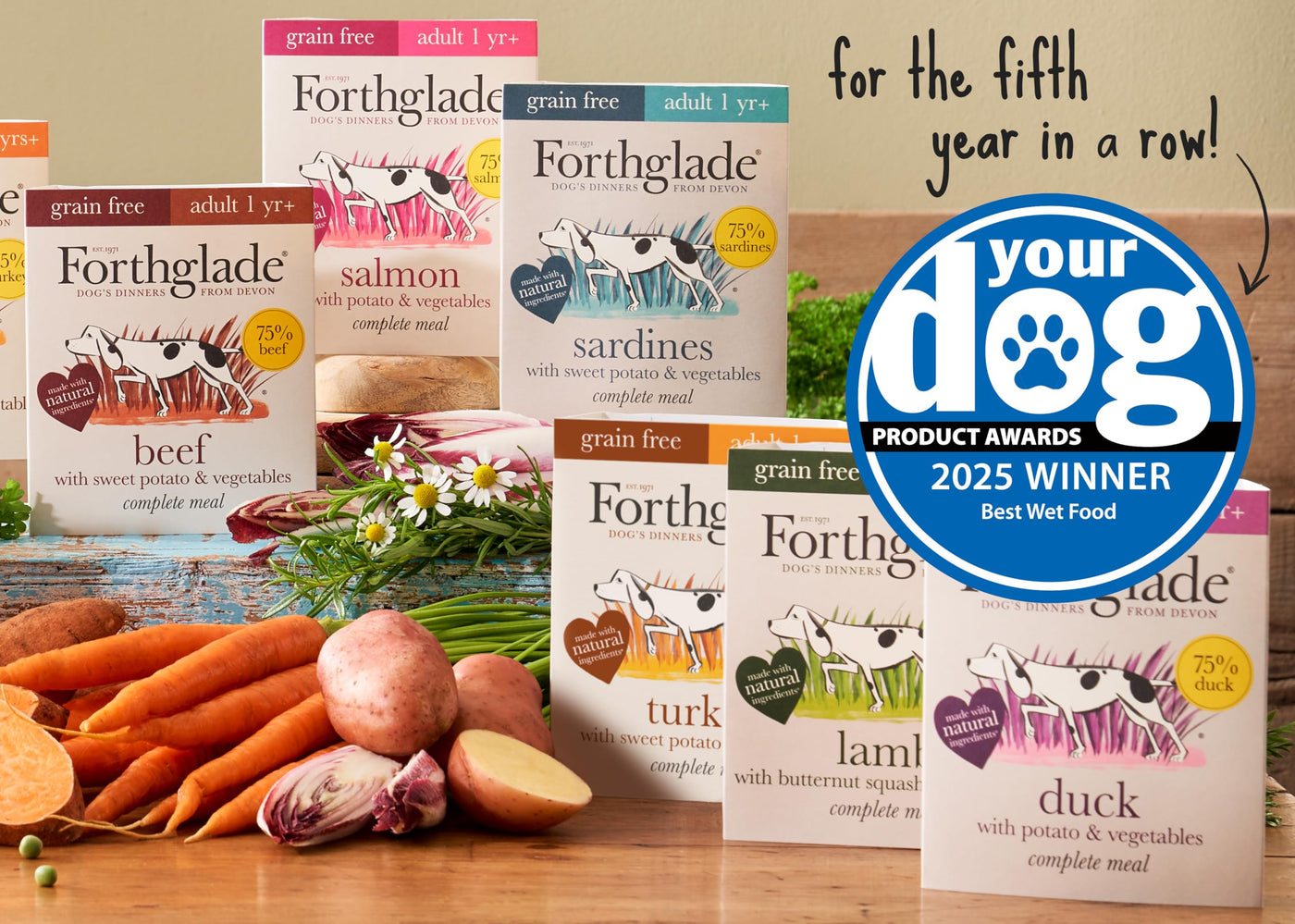 Forthglade Complete Natural Wet Dog Food - Grain Free with vegetables Variety Pack (12 x 395g) Trays - Turkey, Lamb & Duck - Adult Dog Food 1 Year+