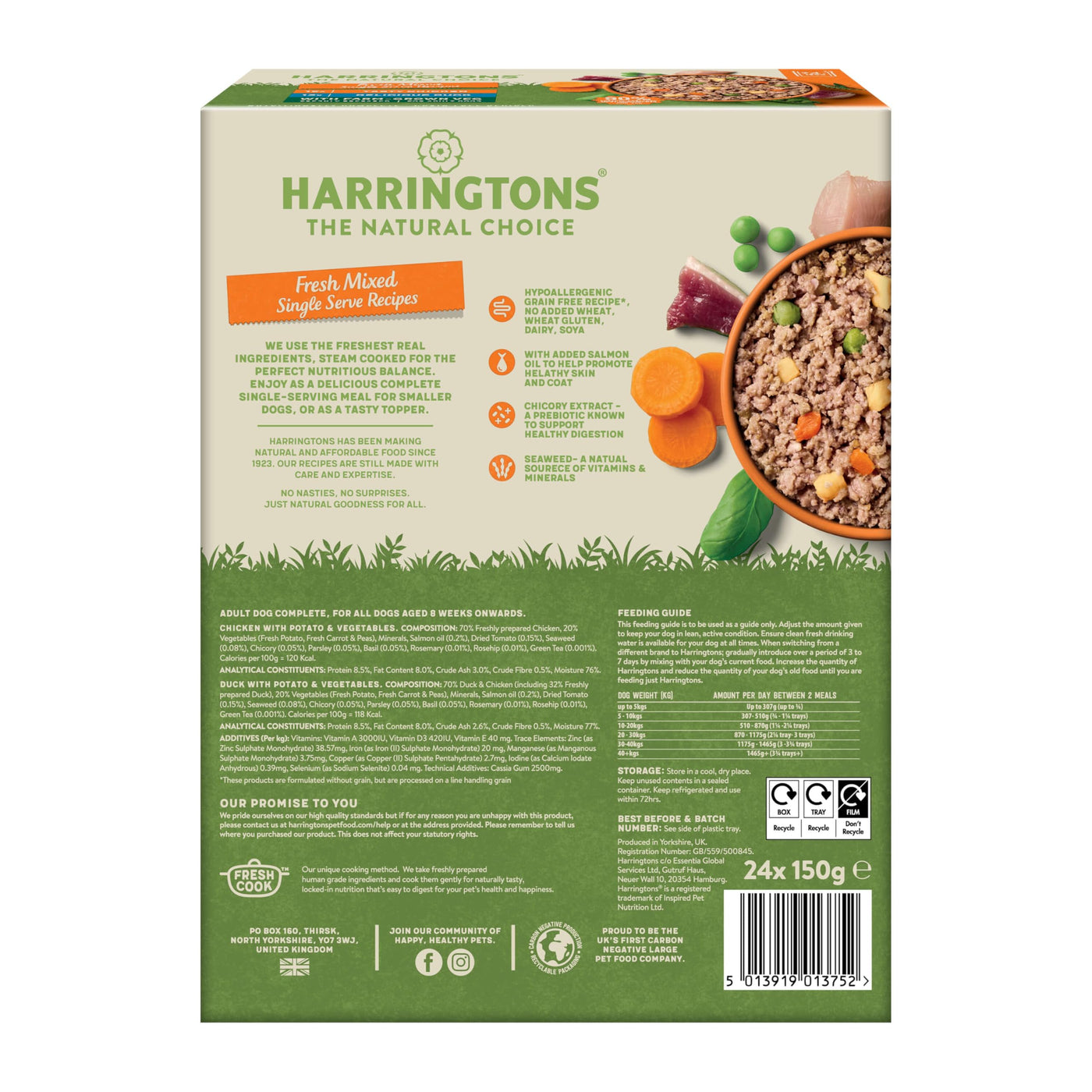 Harringtons Complete Wet Tray Grain Free Hypoallergenic Adult Dog Food Mixed Pack 24x150g - Chicken & Duck - Made with All Natural Ingredients