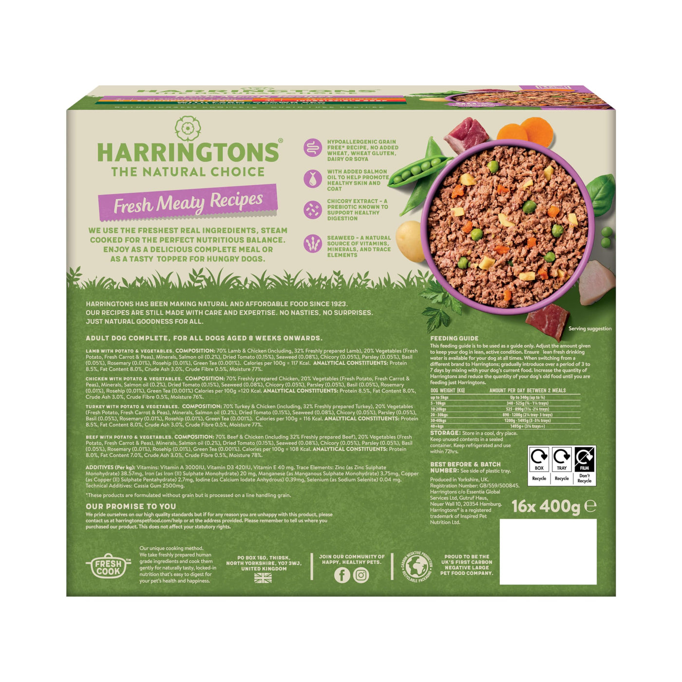 Harringtons Complete Wet Tray Grain Free Hypoallergenic Adult Dog Food Meaty Bumper Pack 16x400g - Chicken, Lamb, Beef & Turkey - Made with All Natural Ingredients