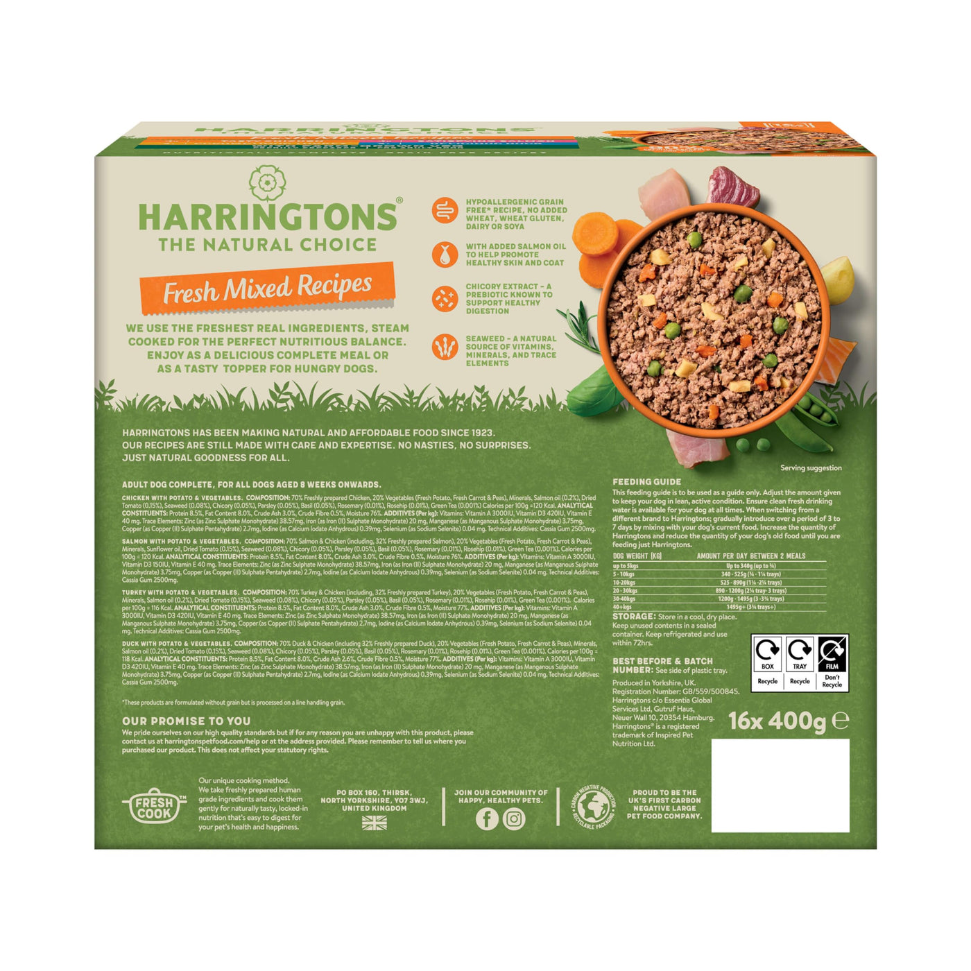 Harringtons Complete Wet Tray Grain Free Hypoallergenic Adult Dog Food Mixed Bumper Pack 16x400g - Chicken, Salmon, Turkey & Duck - Made with All Natural Ingredients