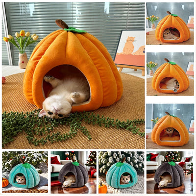 3D Pumpkin Pet House Semi-enclosed Removable Bottom Non-slip Soft PP Cotton Winter Suitable For Cat/Dog Warm Thickened Pet House