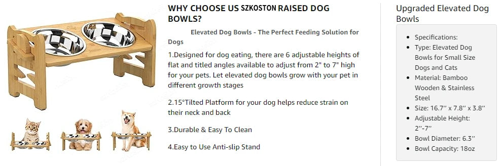 Elevated Dog Bowls Bamboo Tilted Adjustable Dogs Feeder Stand with Stainless Steel Food Bowls for Puppies Cats Pet Accessories