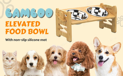 Elevated Dog Bowls Bamboo Tilted Adjustable Dogs Feeder Stand with Stainless Steel Food Bowls for Puppies Cats Pet Accessories