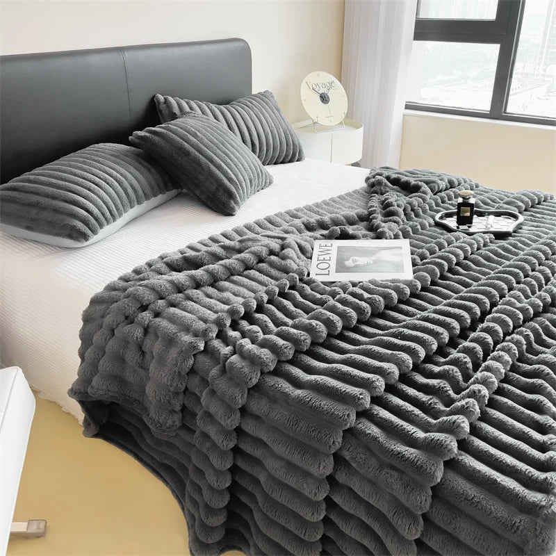 Solid color thickened wide striped multifunctional blanket, can be used as bed sheet cover blanket, nap blanket, pet blanket