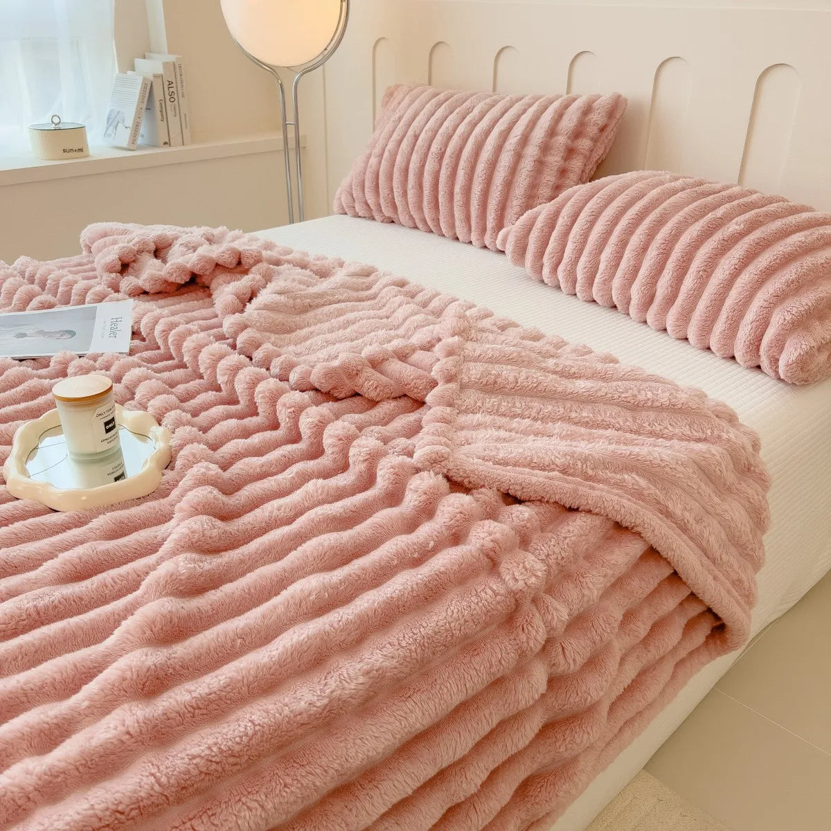 Solid color thickened wide striped multifunctional blanket, can be used as bed sheet cover blanket, nap blanket, pet blanket